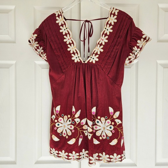 By Anthropologie Pintuck Embroidered Mini Dress Red Size‎ S - Picture 2 of 11